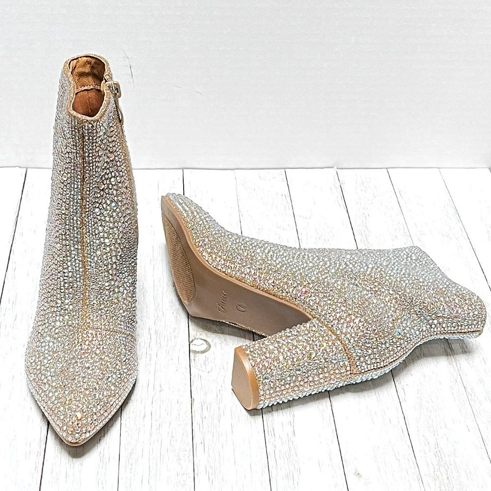 New Women Champagne Gold Rhinestone Glitter Pointy Ankle Boots Booties - Picture 7 of 9